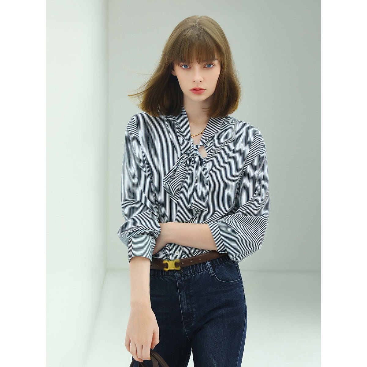 Powder Blue Bow Tie Striped Shirt-0