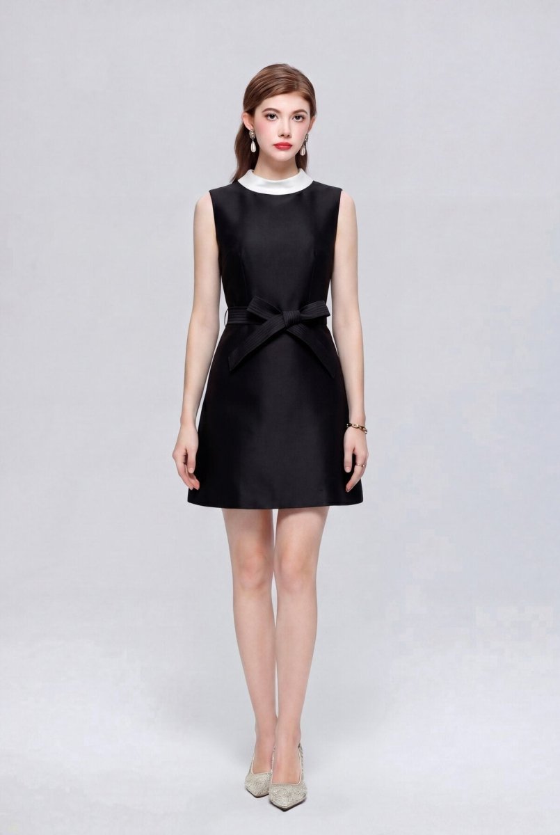 Satin Contrast-Collar Bow Mini Dress in black | Salize