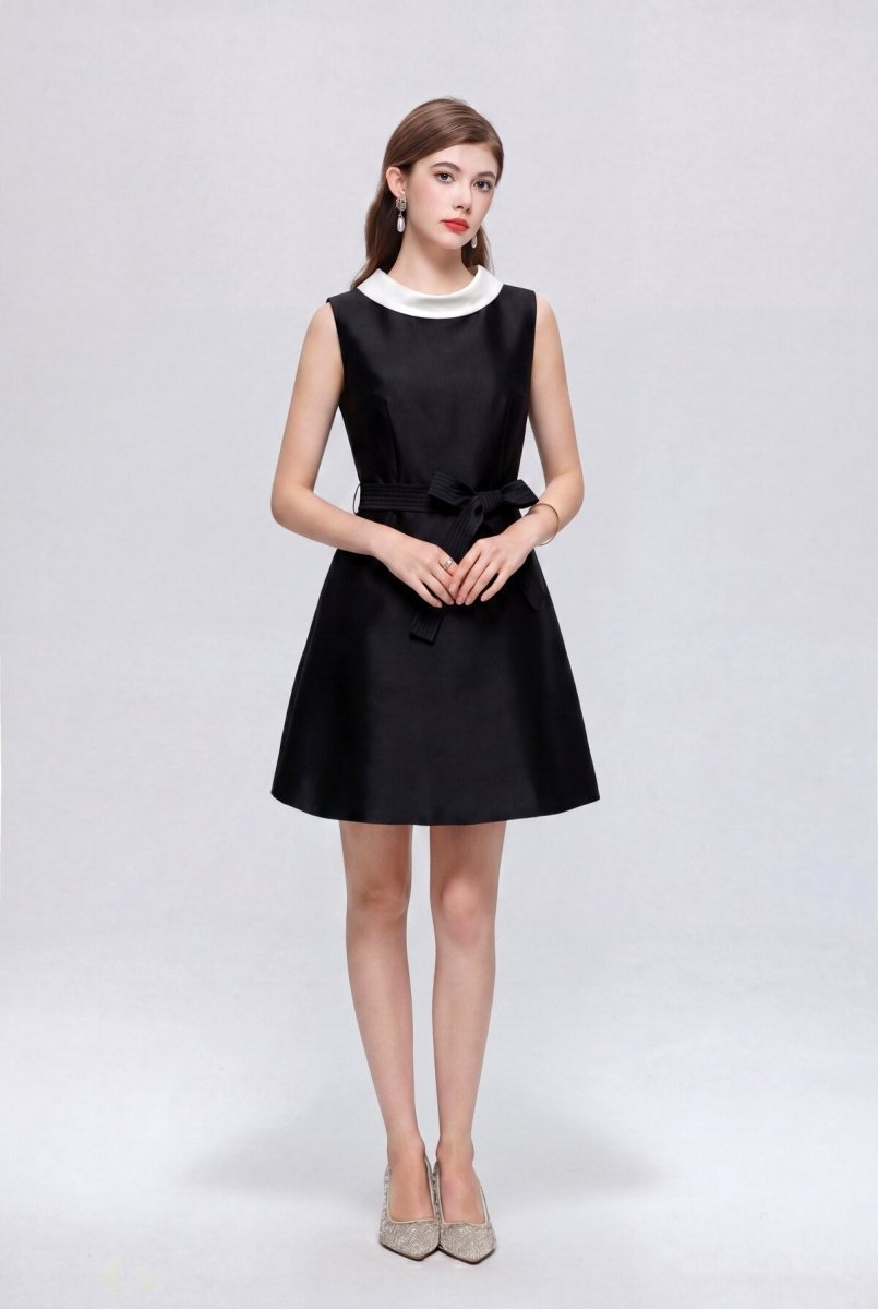 Satin Contrast-Collar Bow Mini Dress in black – view 2 | Salize