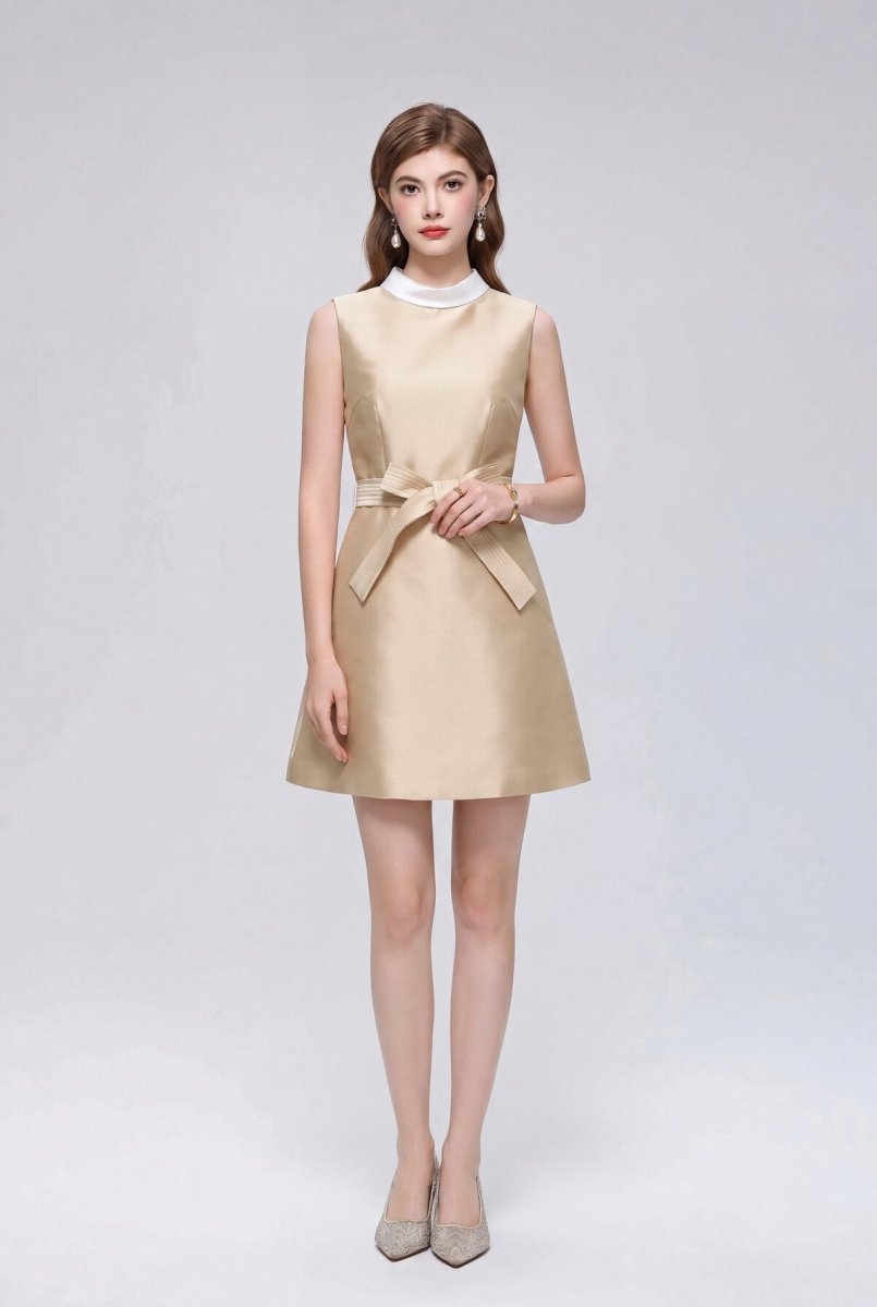 Satin Contrast-Collar Bow Mini Dress in champagne | Salize