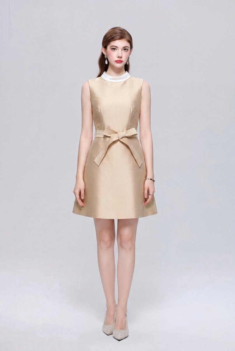 Satin Contrast-Collar Bow Mini Dress in champagne – view 2 | Salize