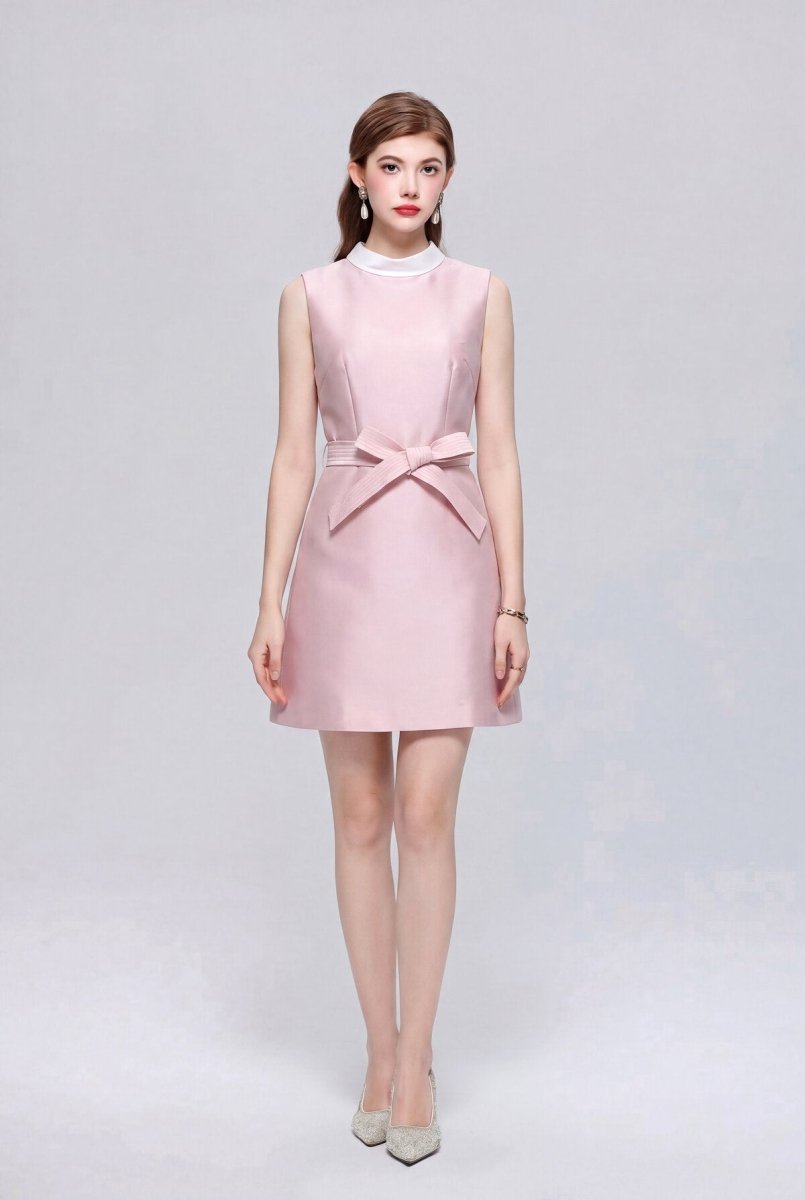 Satin Contrast-Collar Bow Mini Dress in pink | Salize