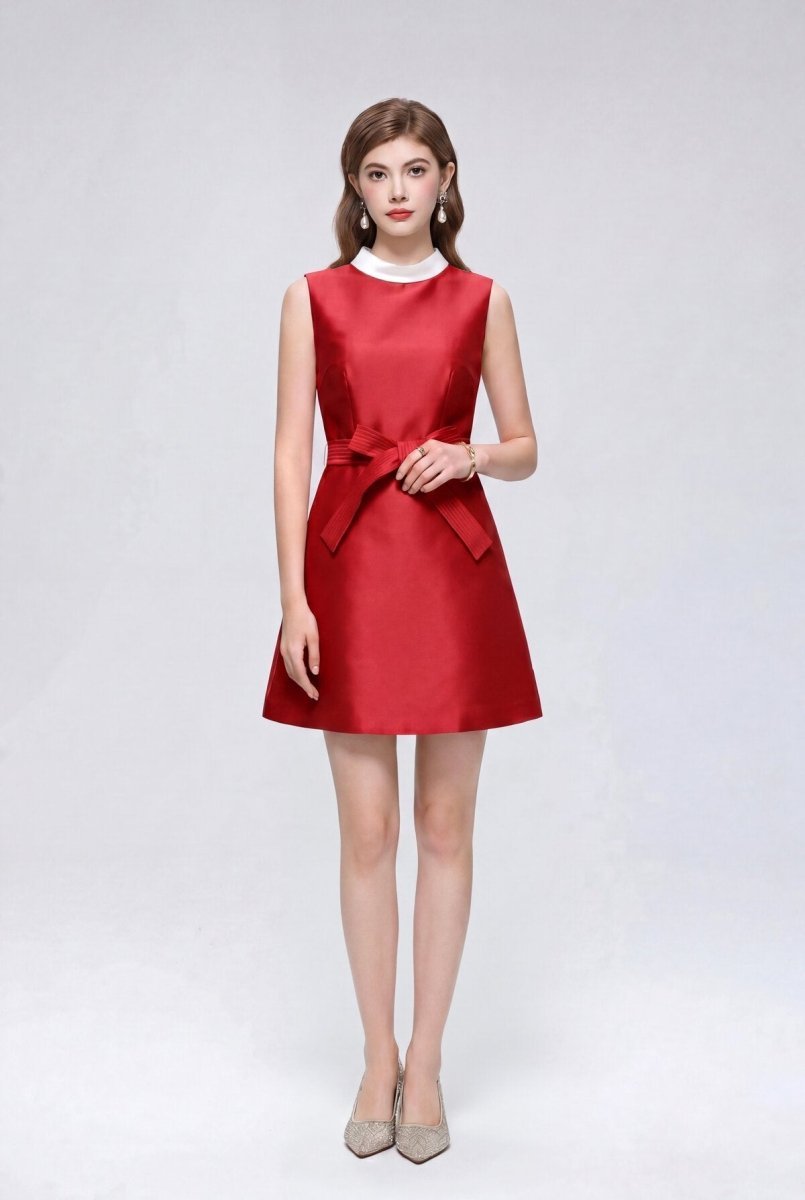 Satin Contrast-Collar Bow Mini Dress in red | Salize