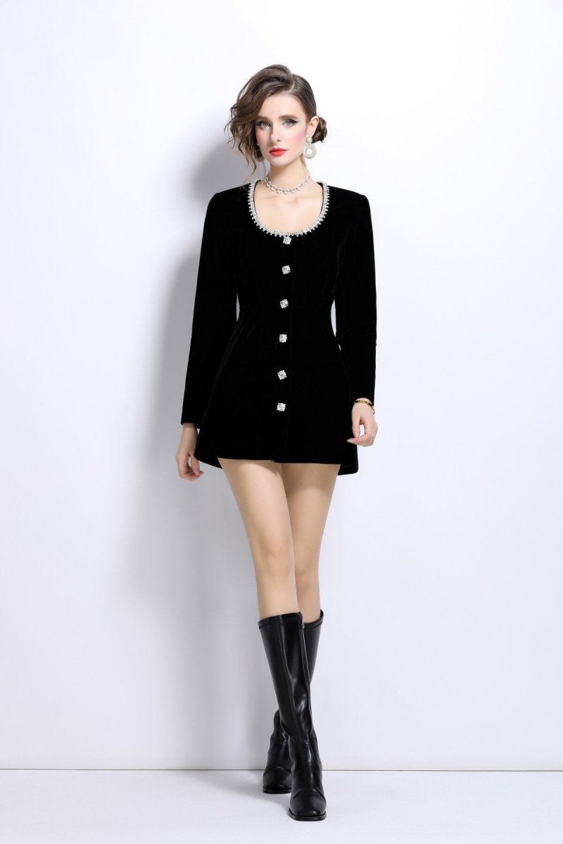 Scoop Neck Button Down Long Sleeve Coat Dress | Salize