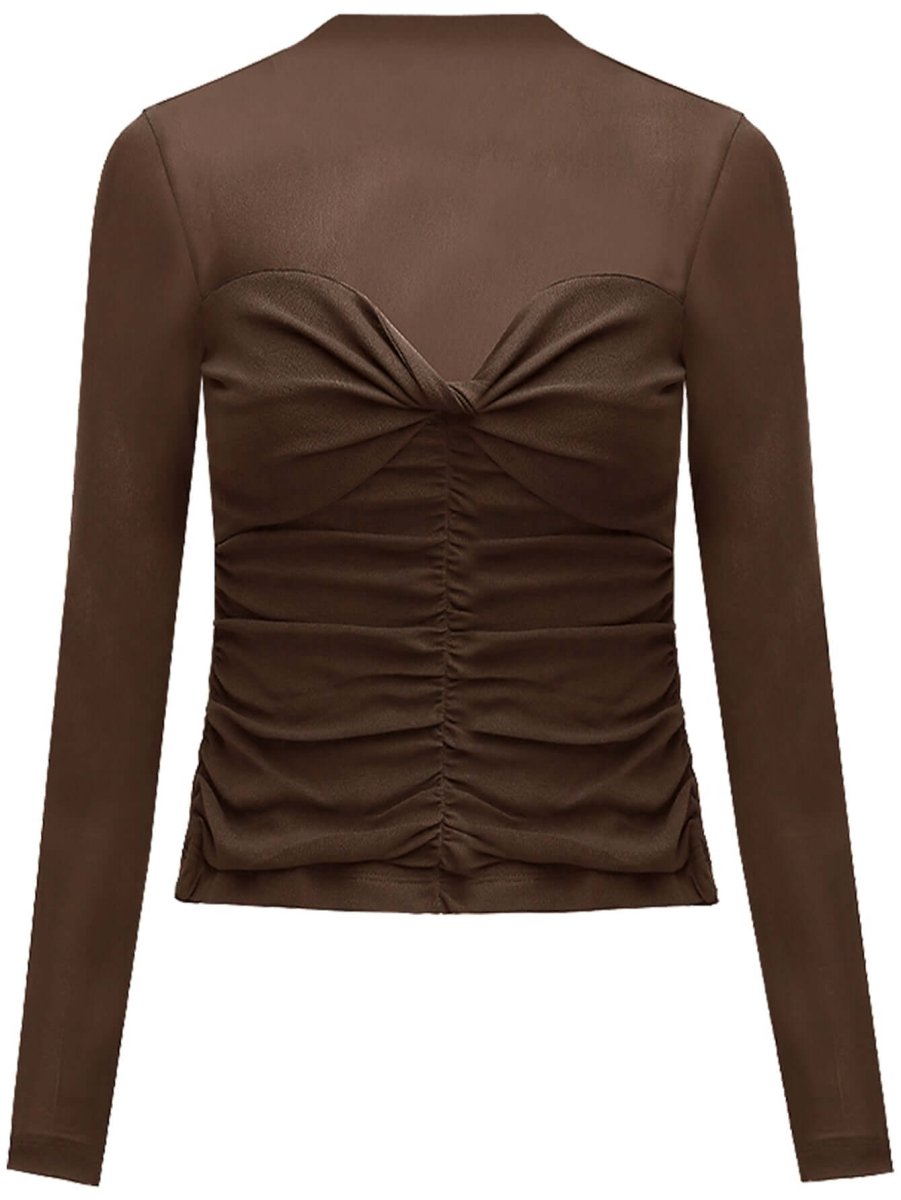 Semi-Sheer Ruched Long Sleeve Tee with a Sweetheart Neckline-3