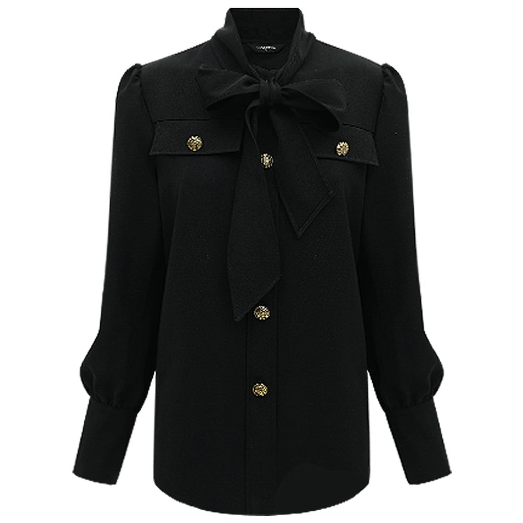 Smart Bow Tie Neck Button Down Black Shirt-3