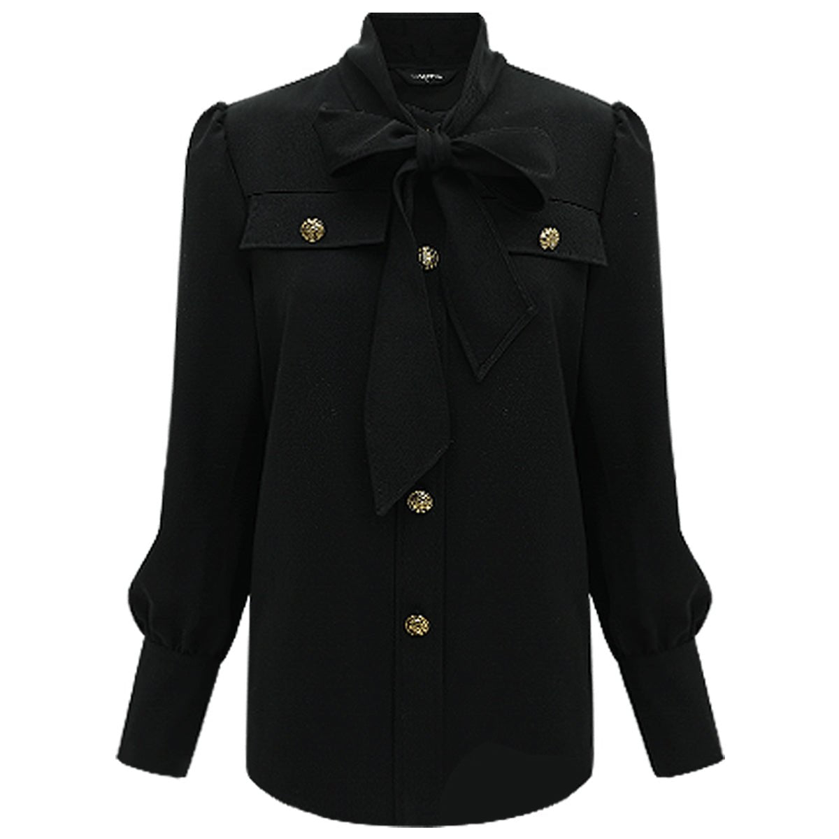 Smart Bow Tie Neck Button Down Black Shirt-3
