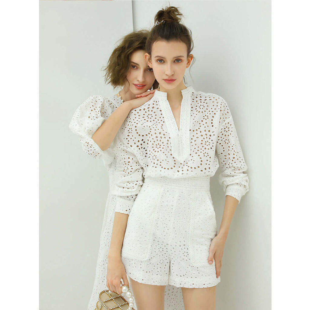 Sweet French Lace Cutwork White Cotton Shirt