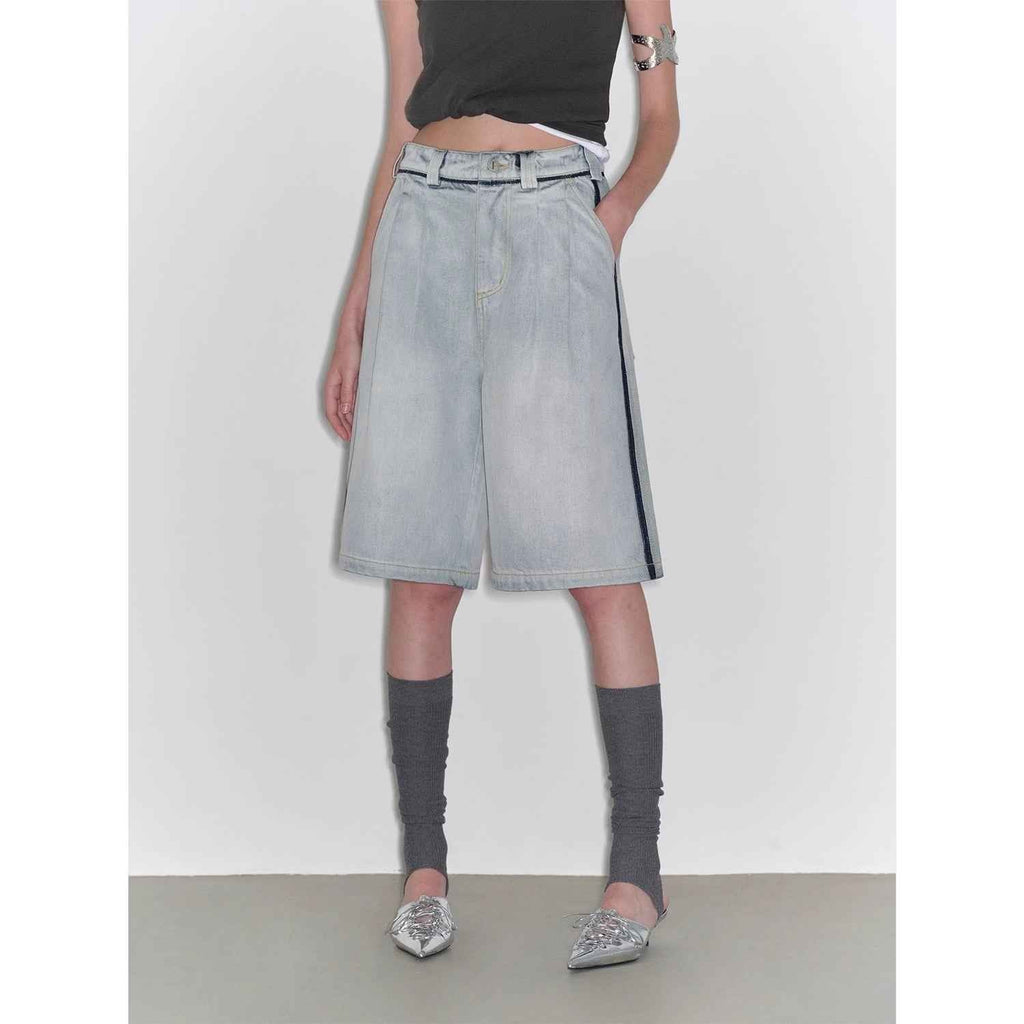 “Unruly Sonata” Neutral Style Loose Feeling Imported Washed Mid Rise Bumped Side Wide Leg Washed Denim Mid Pants