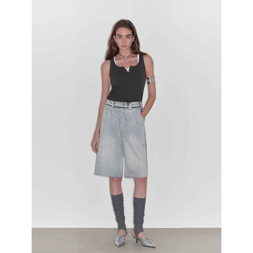 “Unruly Sonata” Neutral Style Loose Feeling Imported Washed Mid Rise Bumped Side Wide Leg Washed Denim Mid Pants