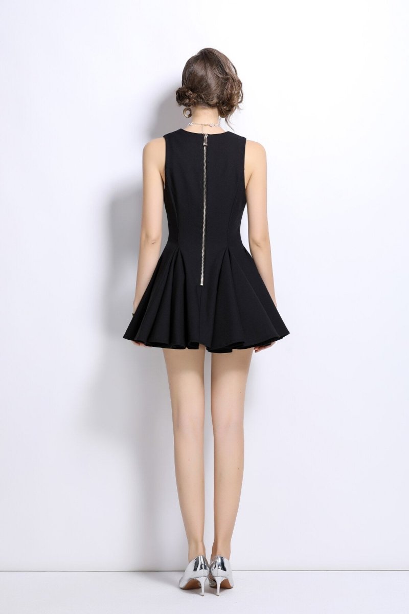 V Neck Double Breasted Pleated Puff Mini Dress – view 4 | Salize