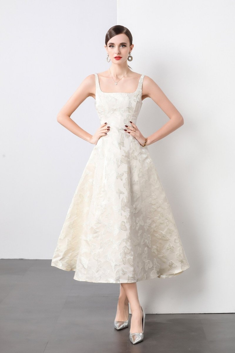 White Jacquard Square Neck Balletcore Wedding Dress | Salize