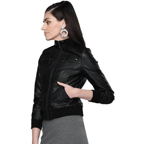 Women’s Black Solid Bomber Leather Jacket – Stylish Fit-1