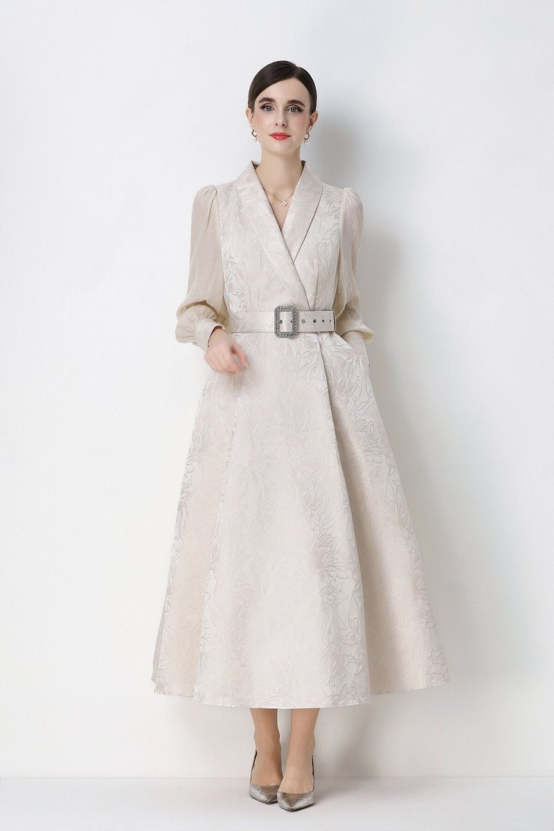 Women's Elegant Jacquard Wrap Midi Dress with Belted Waist-0
