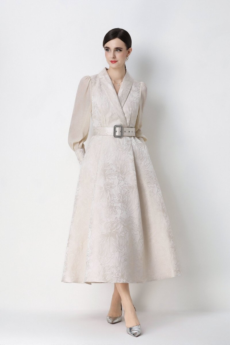 Women's Elegant Jacquard Wrap Midi Dress with Belted Waist