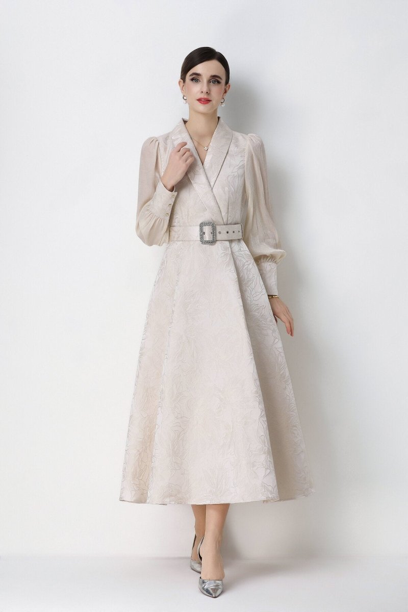 Women's Elegant Jacquard Wrap Midi Dress with Belted Waist-2