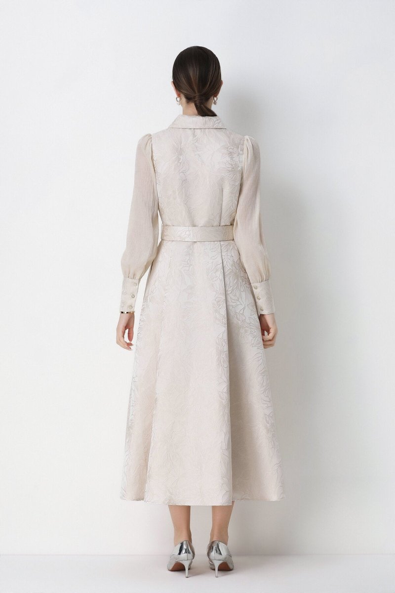 Women's Elegant Jacquard Wrap Midi Dress with Belted Waist-3