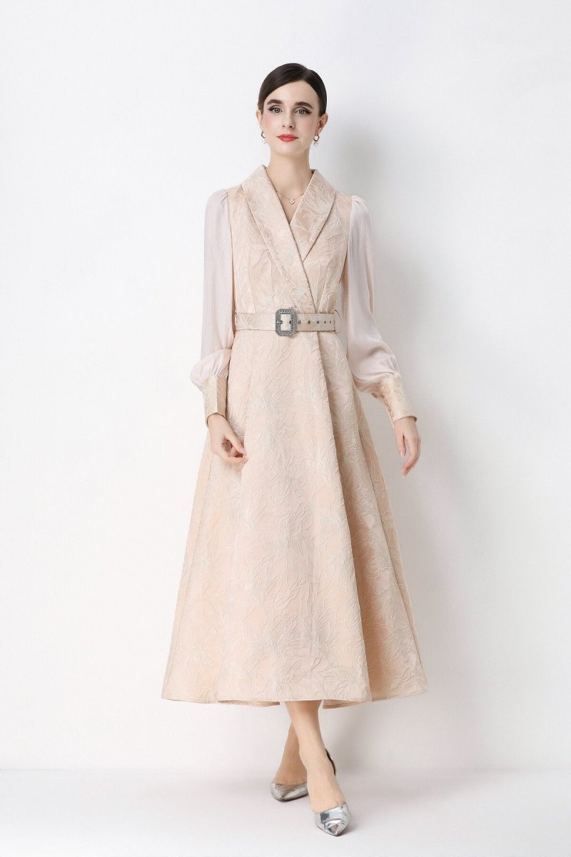 Women's Elegant Jacquard Wrap Midi Dress with Belted Waist-4