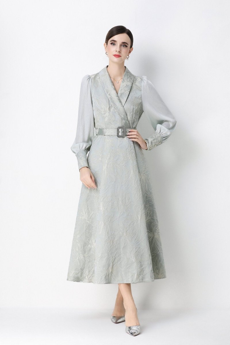 Women's Elegant Jacquard Wrap Midi Dress with Belted Waist-5