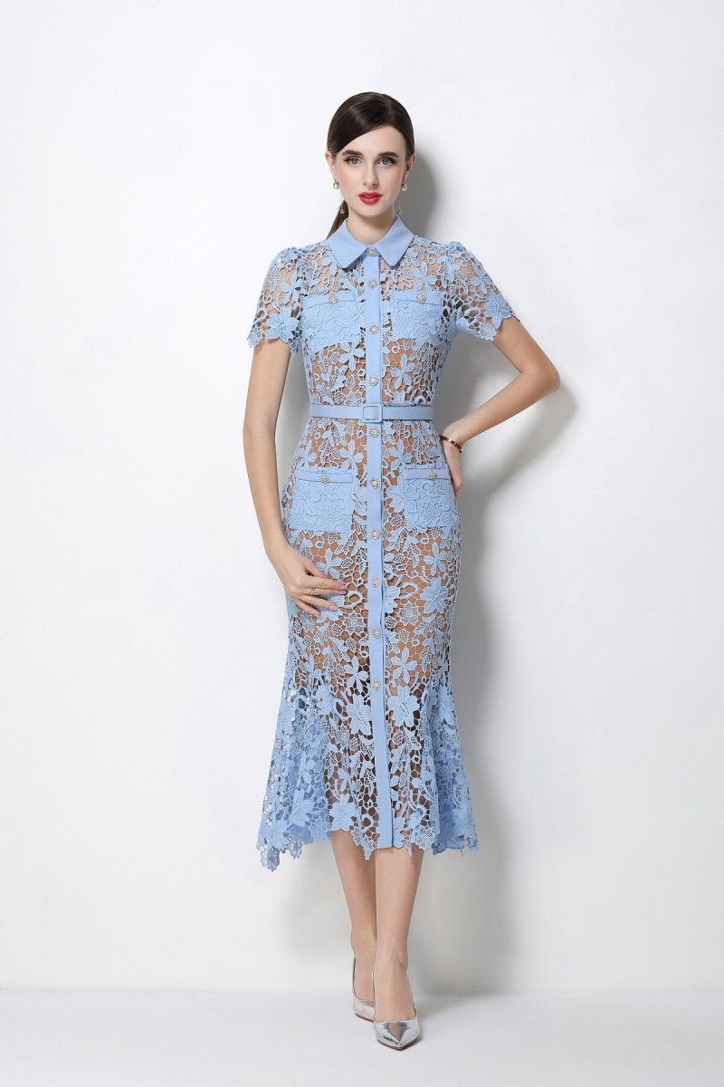 Women's Floral Lace Mermaid Midi Dress with Belted Waist-0