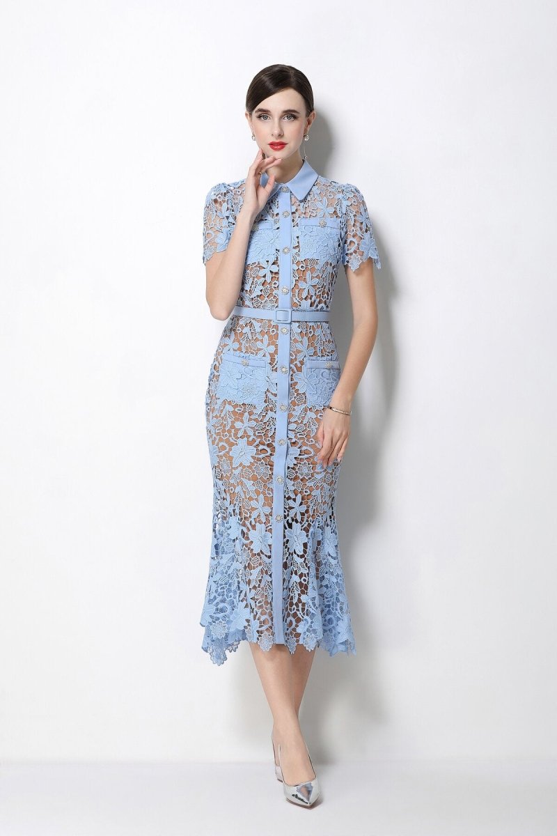 Women's Floral Lace Mermaid Midi Dress with Belted Waist-1