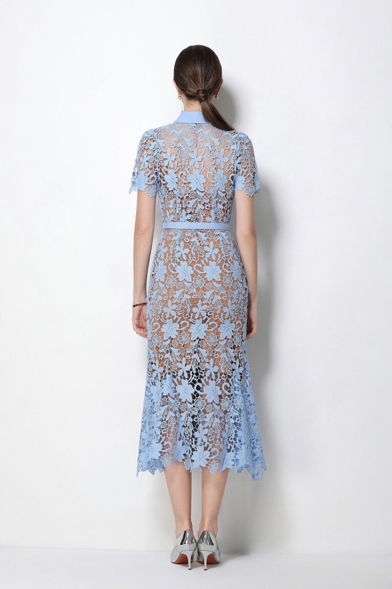 Women's Floral Lace Mermaid Midi Dress with Belted Waist-3