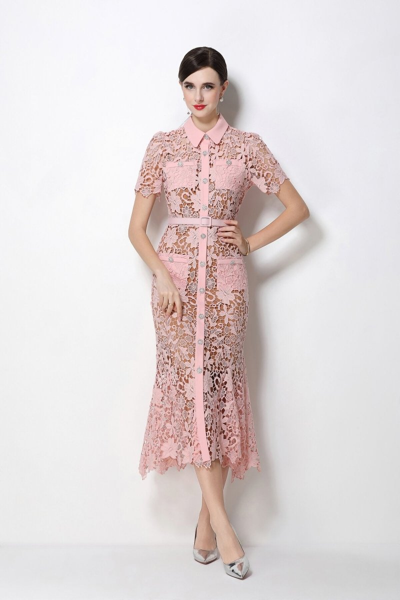 Women's Floral Lace Mermaid Midi Dress with Belted Waist-4