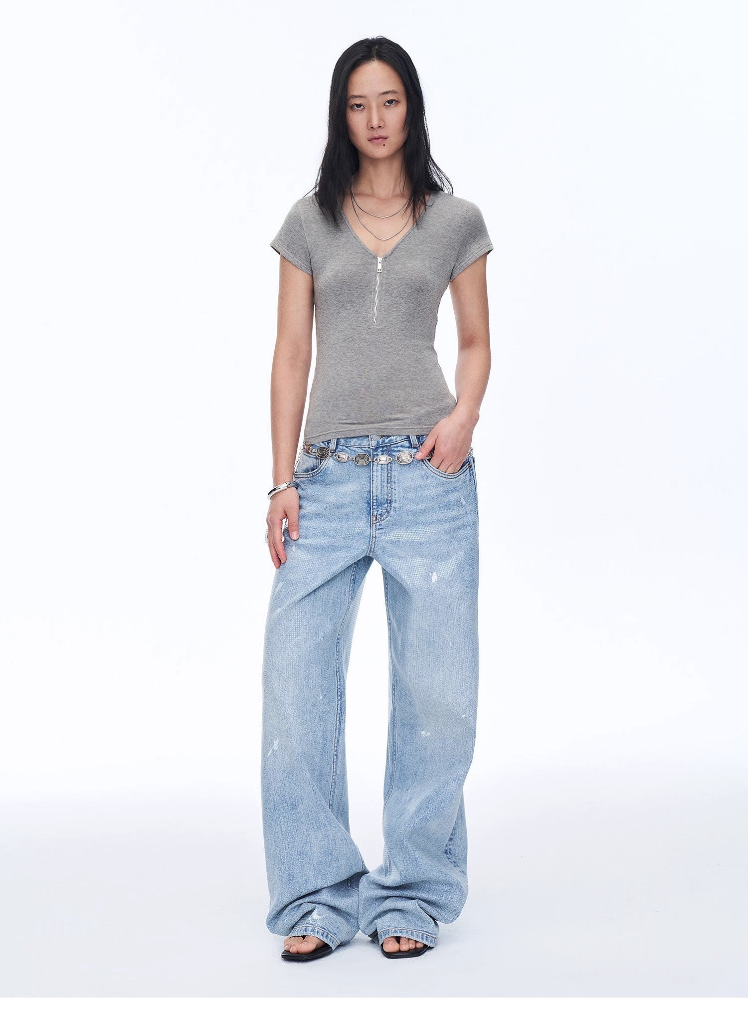 Women's Loose Australian Wool Tencel Deep V-neck Zipper Short Sleeve Tops T-shirt"Tunic Blouses Simple Color Silent Film"