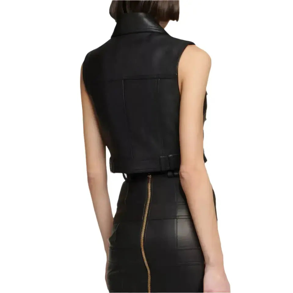 Women's Real Leather Cropped Biker Vest-1